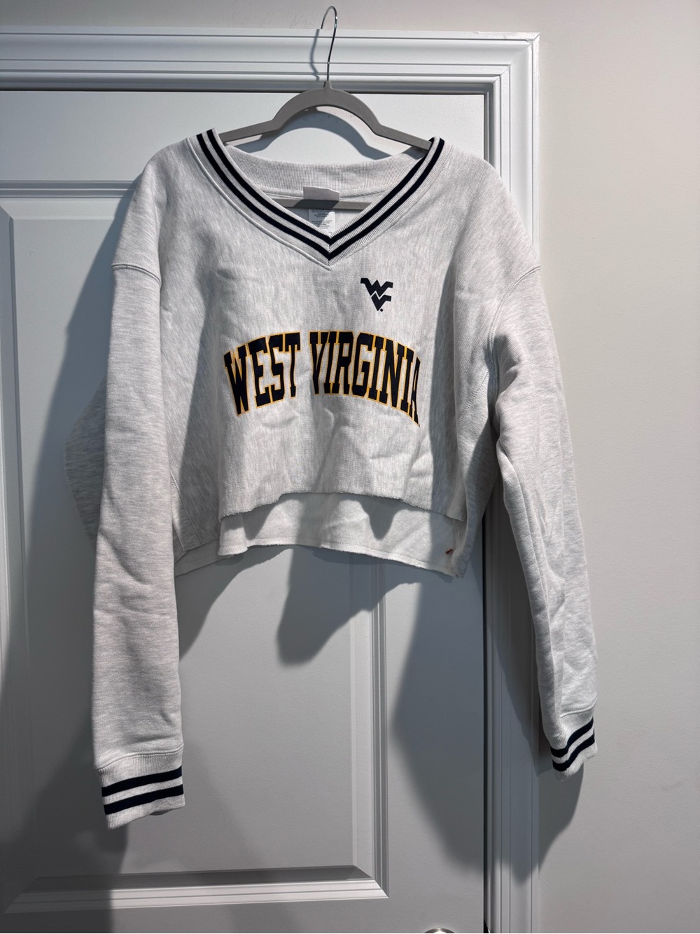 Champion Reverse Weave White Sweatshirt with Navy Trim